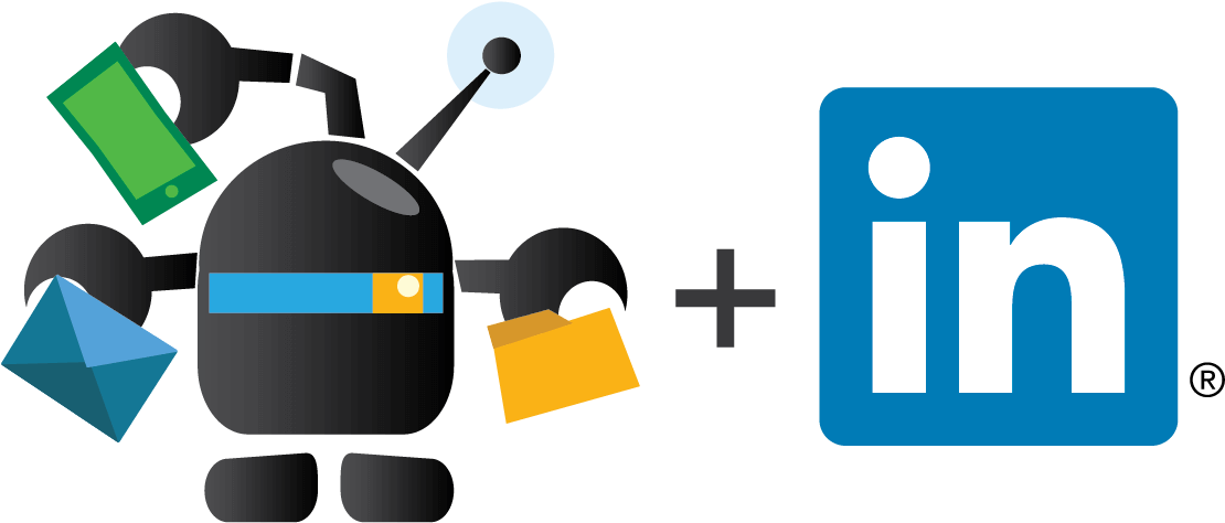 AI 與 LinkedIn 整合概念圖 壁紙 — 一個風格化的機械人手持數位圖示，站在黑色背景上的LinkedIn標誌旁邊。