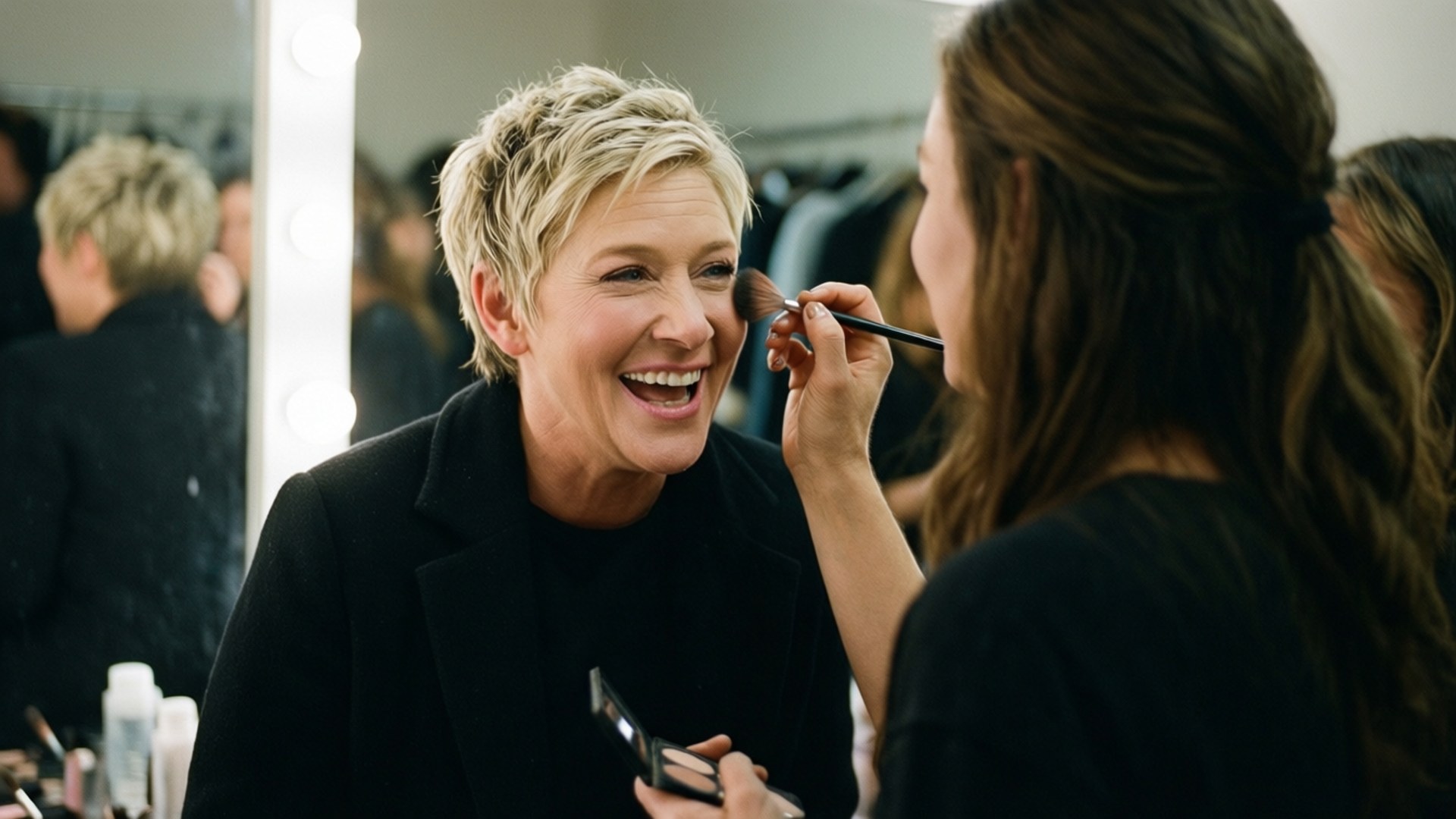 Ellen Backstage Makeup 壁紙 — 艾倫·狄珍妮在後台化妝間明亮的化妝燈下，化妝師為她塗抹腮紅時開懷大笑。