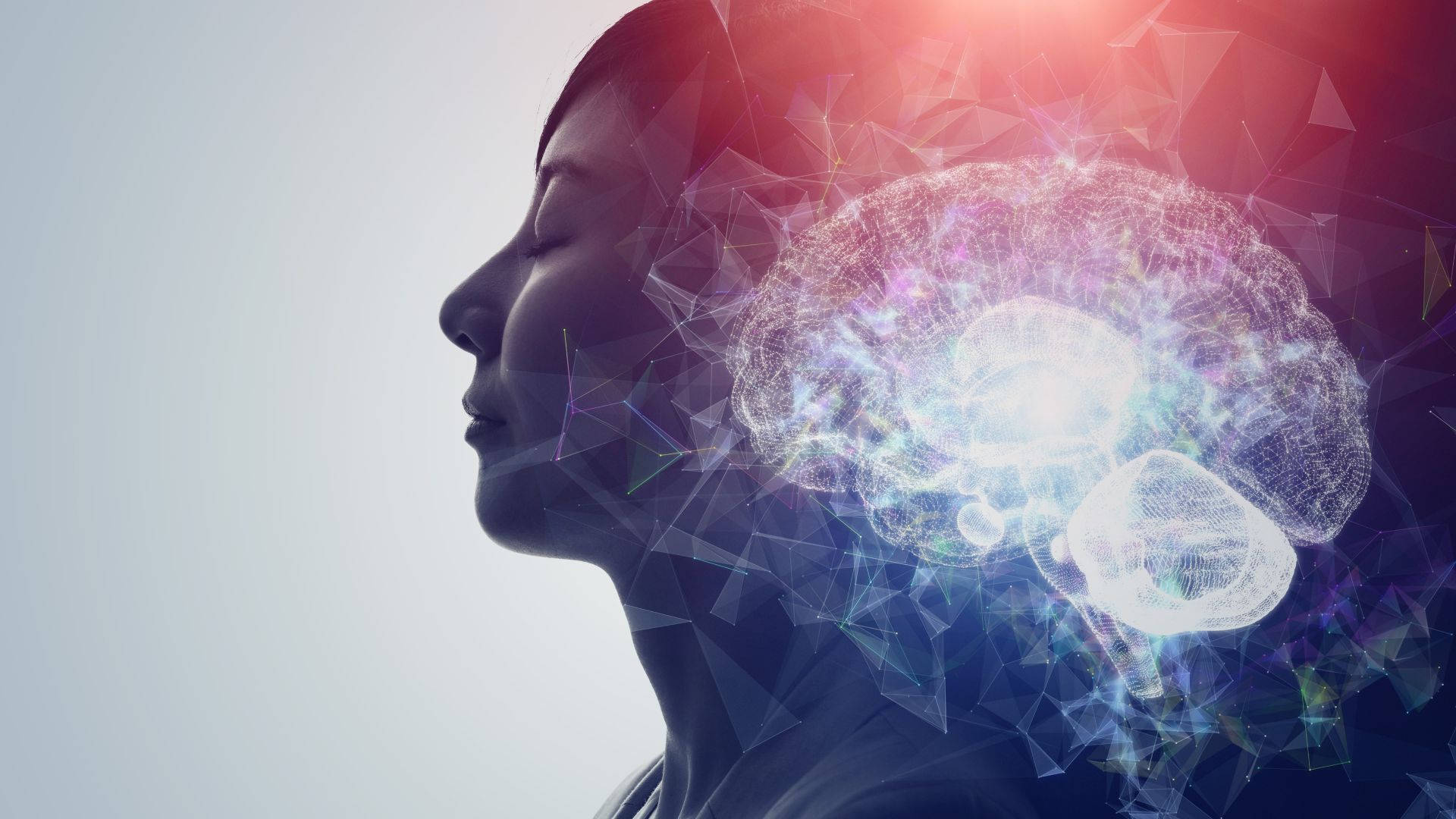 心理學主題：AI掃描腦部數位藝術 壁紙 — 一個人頭的剪影，旁邊漂浮著一個發光的幾何大腦，背景是柔和的漸變色。