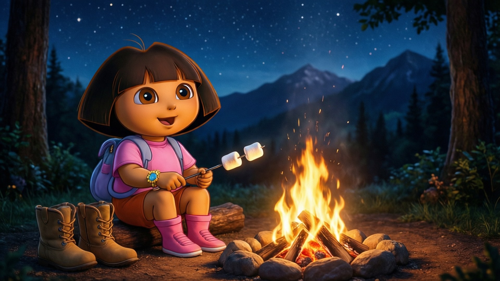 營火之夜 壁紙 — 愛探險的Dora在星空下的營火旁烤棉花糖，背景有山脈。