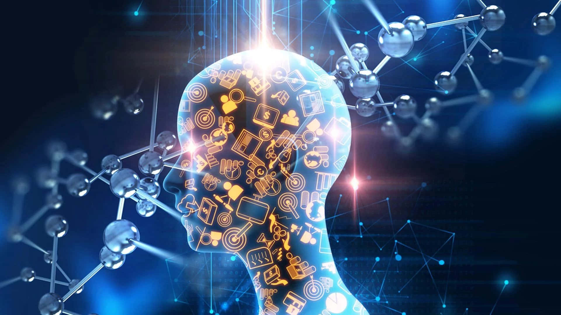 人類心智與AI人工智慧圖像 壁紙 — 一個發光的人類頭部剪影，充滿數位圖標，周圍環繞分子結構和藍光。