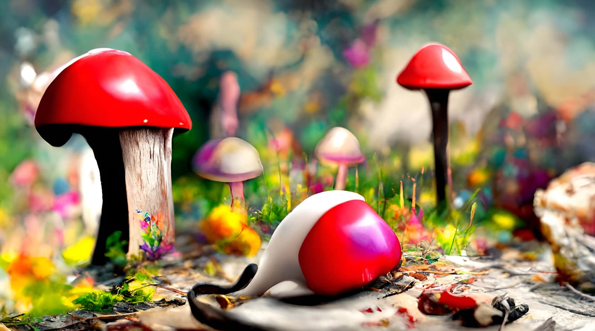 AI 生成復古融化蘑菇 壁紙 — 鮮豔的紅色蘑菇和色彩繽紛的蝸牛在一個夢幻、如畫的森林空地中休息，背景帶有柔和的散景效果。
