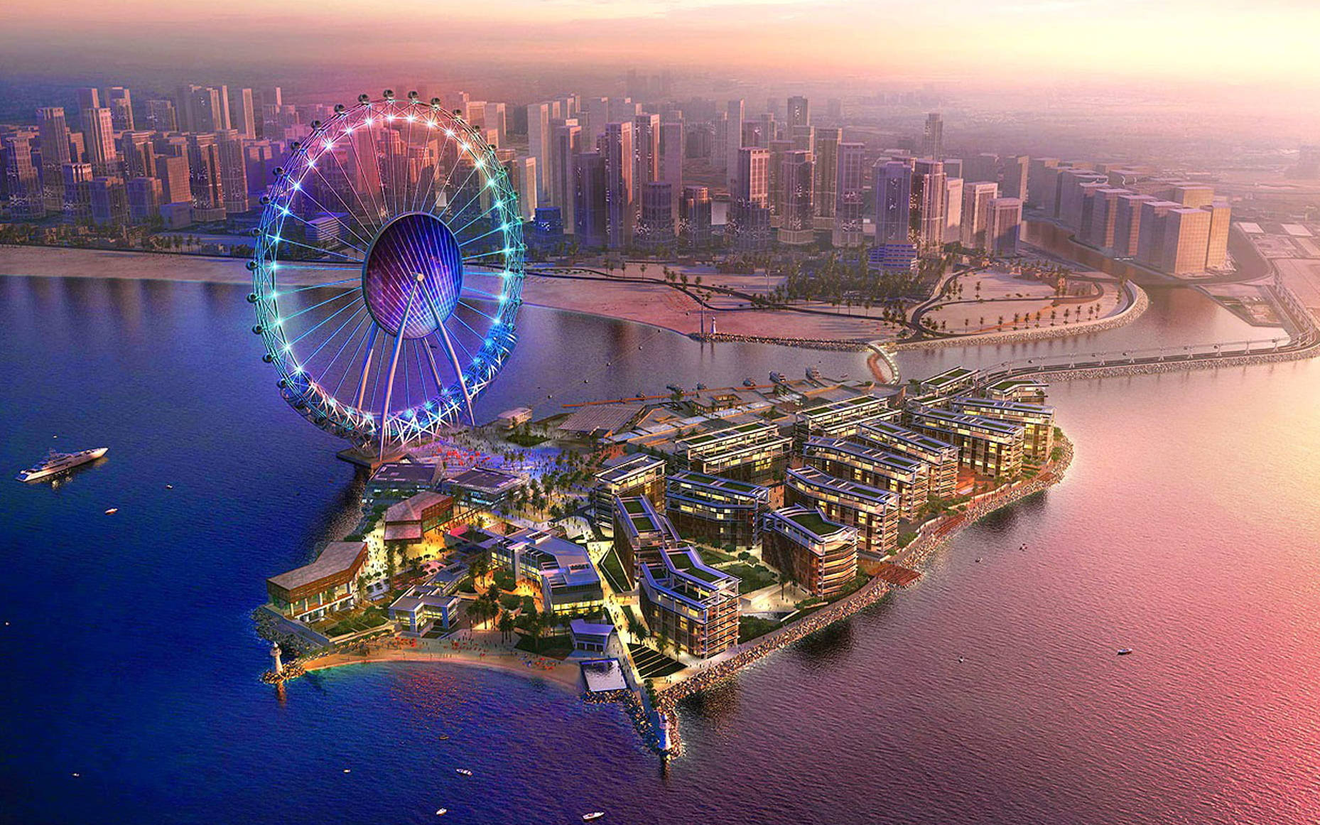 阿聯酋 Ain Dubai 壁紙 — 日落時分未來城市景觀的鳥瞰圖，海濱開發項目旁有一個巨大的發光摩天輪。