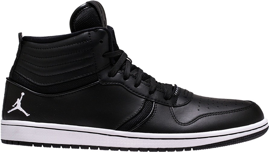 Air Jordan 1 黑色運動鞋側視圖 壁紙 — 一雙時尚的黑色高筒Jordan運動鞋，搭配白色鞋底和標誌性的Jumpman標誌，背景為純黑色。