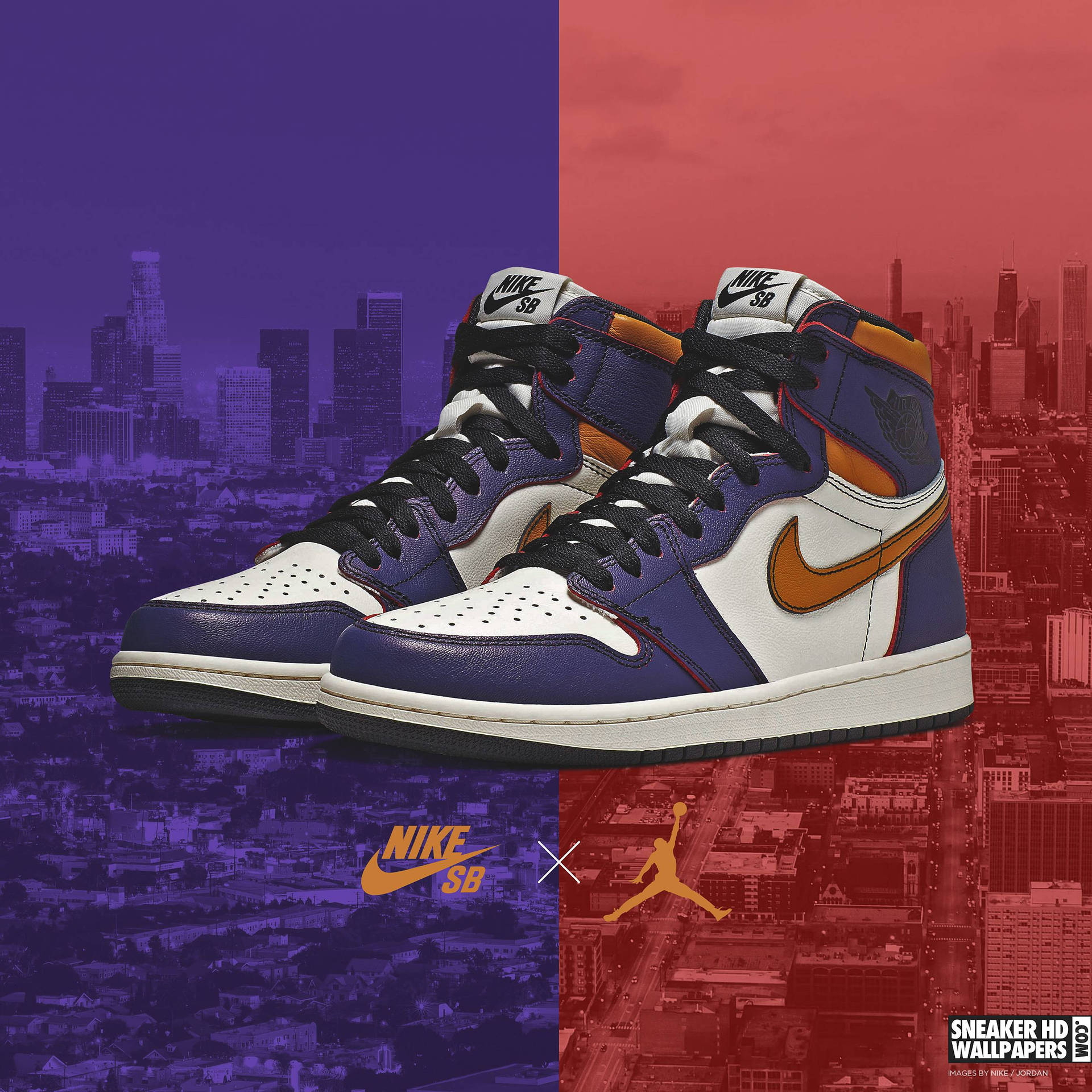 Nike SB x Jordan 1運動鞋以紫色和紅色調的分割城市天際線為背景。