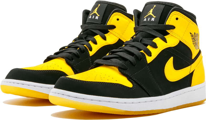 Air Jordan 1 Mid 黑黃配色運動鞋 壁紙 — 一對黑黃色高筒Jordan波鞋，白色鞋底，金色點綴，透明背景。