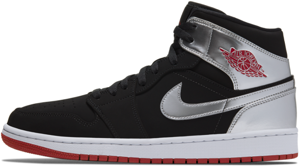 Air Jordan 1 黑白紅運動鞋 壁紙 — 黑色高筒運動鞋，帶有銀色點綴、紅色翅膀標誌和白色鞋底，背景簡潔。