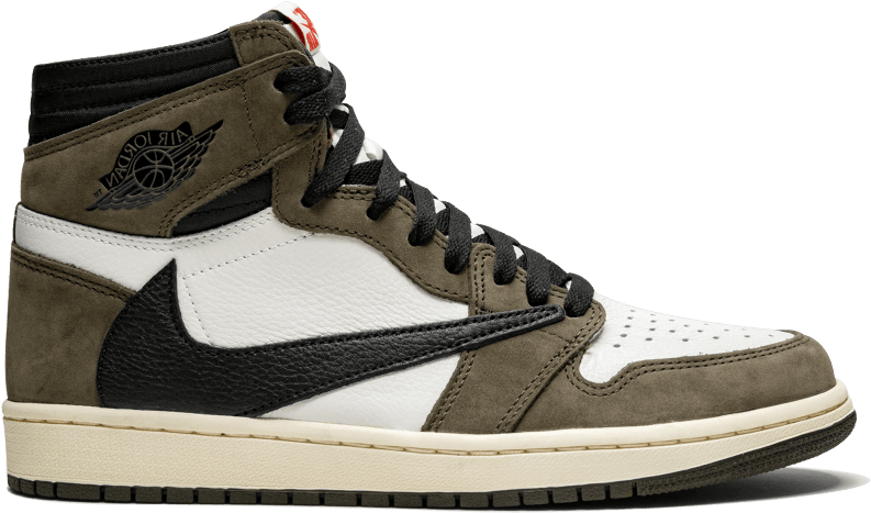 Air Jordan 1 Retro高筒運動鞋 壁紙 — 一雙高筒運動鞋，採用橄欖色麂皮、黑色皮革、白色面板和黑色勾勾，背景為純黑色。