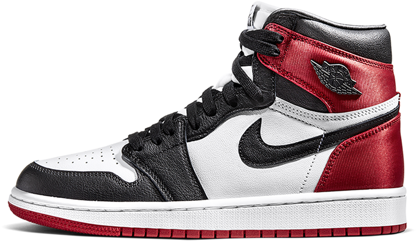 Air Jordan 1 Retro High 黑紅白 壁紙 — 一對高筒運動鞋，帶有黑色、白色和紅色拼接、黑色鞋帶和黑色 swoosh 標誌，背景為黑色。