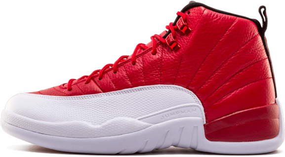 紅白Air Jordan 12運動鞋 壁紙 — 一雙大膽的紅白高筒運動鞋，帶有紋理皮革和可見鞋帶，背景為黑色。