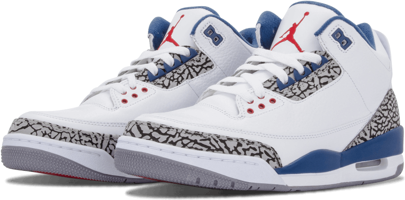 Air Jordan 3 Retro 白藍配色 壁紙 — 一對白色、藍色和紅色的 Air Jordan 3 運動鞋，帶有大象印花裝飾，展示在黑色背景上。