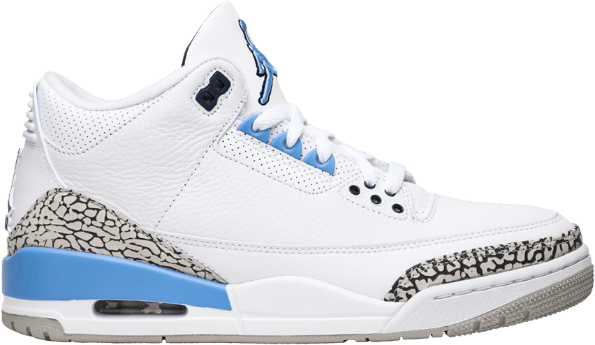 Air Jordan 3 Retro 白藍配色 壁紙 — 一雙純白Jordan 3運動鞋，帶有淺藍色點綴和象紋覆蓋層，置於黑色背景前。