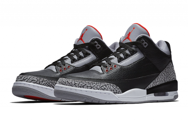 Air Jordan 3 Retro 黑水泥色運動鞋 壁紙 — 一對黑灰紅色的 Air Jordan 3 運動鞋，帶有象紋細節和可見的 Air 緩震，背景為純黑色。