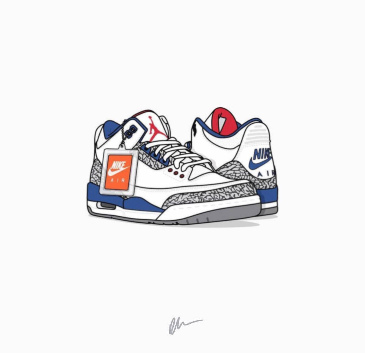 Air Jordan 3卡通運動鞋 壁紙 — 兩雙白色、藍色和紅色的Nike Air Jordan 3運動鞋的風格化插圖，帶有可見的標籤和標誌性的大象印花。