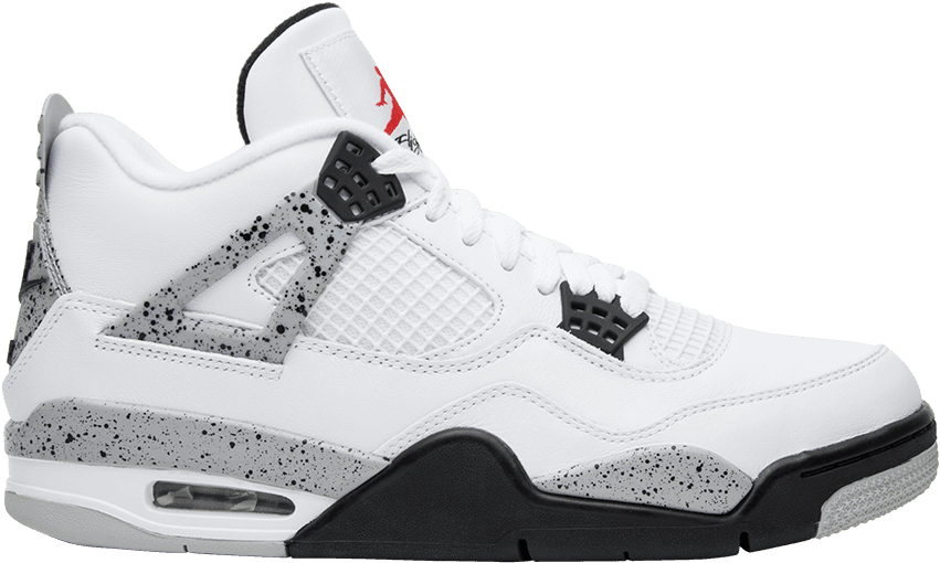 Air Jordan 4 白水泥色運動鞋 壁紙 — 一雙純白色Jordan 4運動鞋，帶有黑色斑點裝飾和紅色標誌，襯托在純黑色背景上。