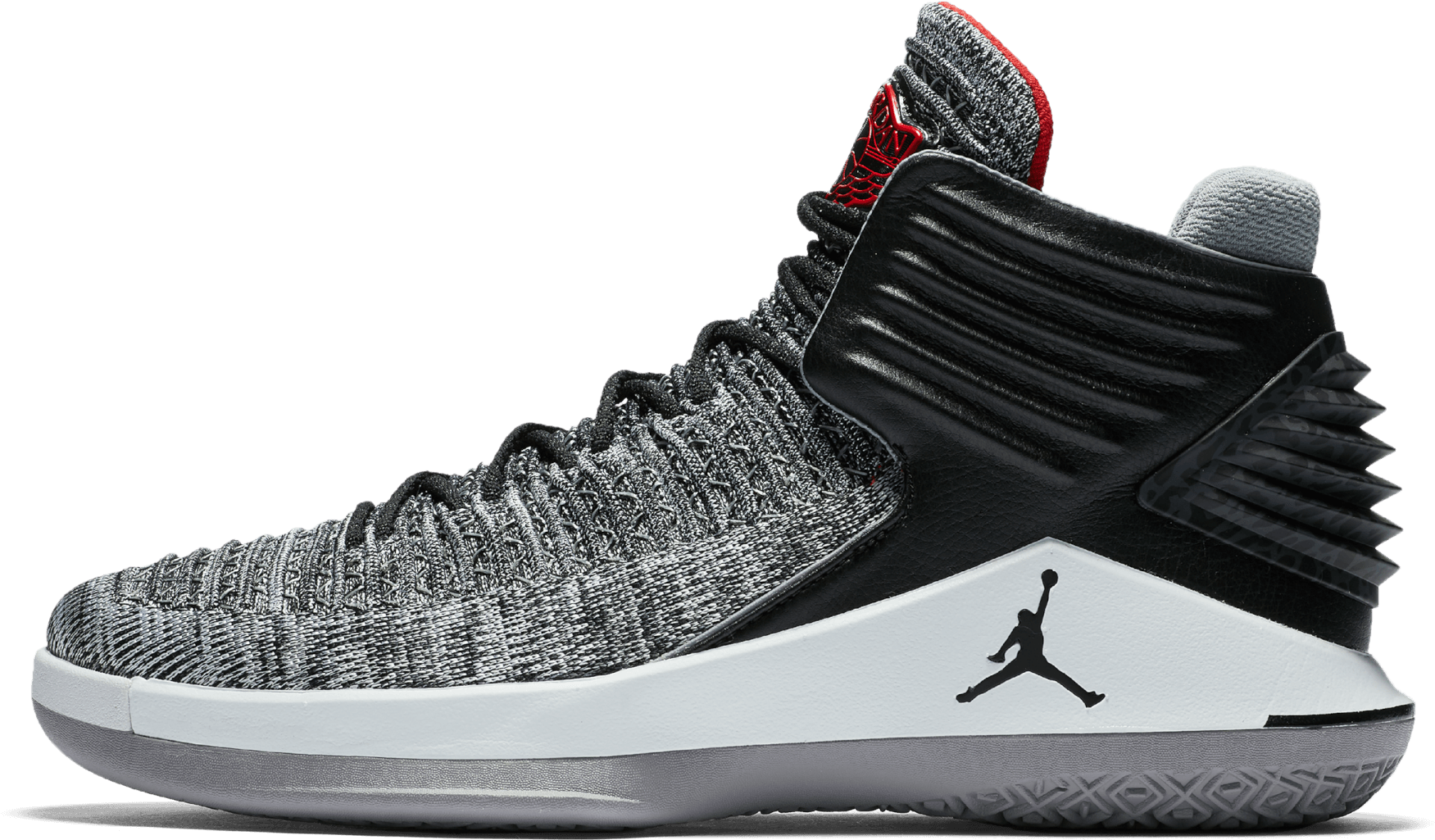 Air Jordan 高筒運動鞋 壁紙 — 高筒Jordan運動鞋，灰色針織鞋面，黑色點綴，紅色鞋舌，白色鞋底，黑色背景。