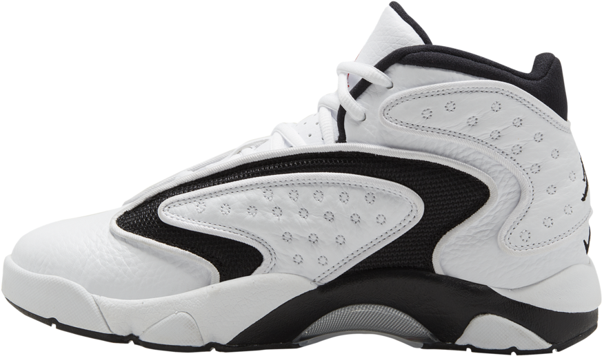 Air Jordan 白黑運動鞋側視圖 壁紙 — 一雙純淨的白黑高筒運動鞋，帶有穿孔覆蓋層和簡潔線條，襯托在純黑背景上。