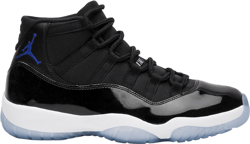 黑色藍色Air Jordan運動鞋 壁紙 — 一雙時尚的黑色 Jordan 11 運動鞋，採用亮面漆皮、白色鞋底，並在透明背景上帶有標誌性的藍色 Jumpman 標誌。