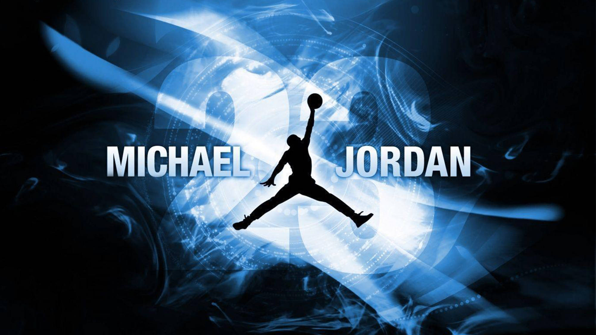 Air Jordan抽象標誌 壁紙 — 米高佐敦在半空中入樽的剪影，背景為發光藍色抽象圖案，他的名字以粗體白色文字顯示。