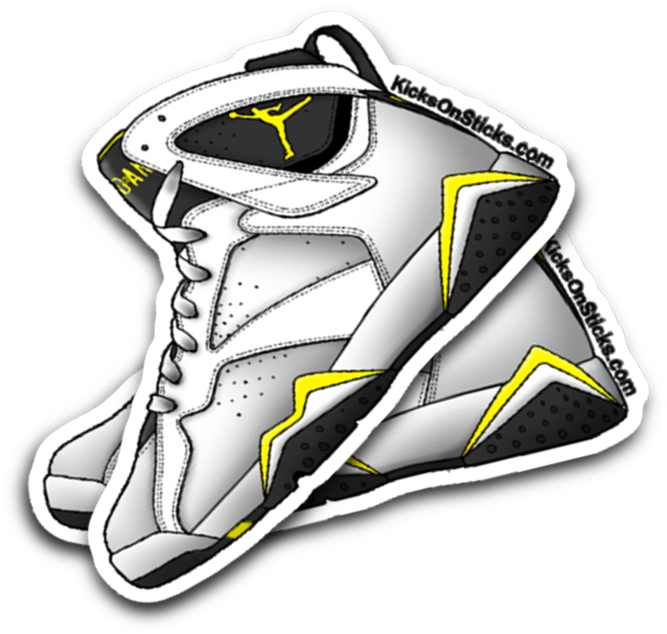 Air Jordan 鞋款貼紙插畫 壁紙 — 一個風格化的白色、黑色和黃色Jordan 7運動鞋貼紙，帶有粗線條和穿孔細節，襯托在純黑色背景上。