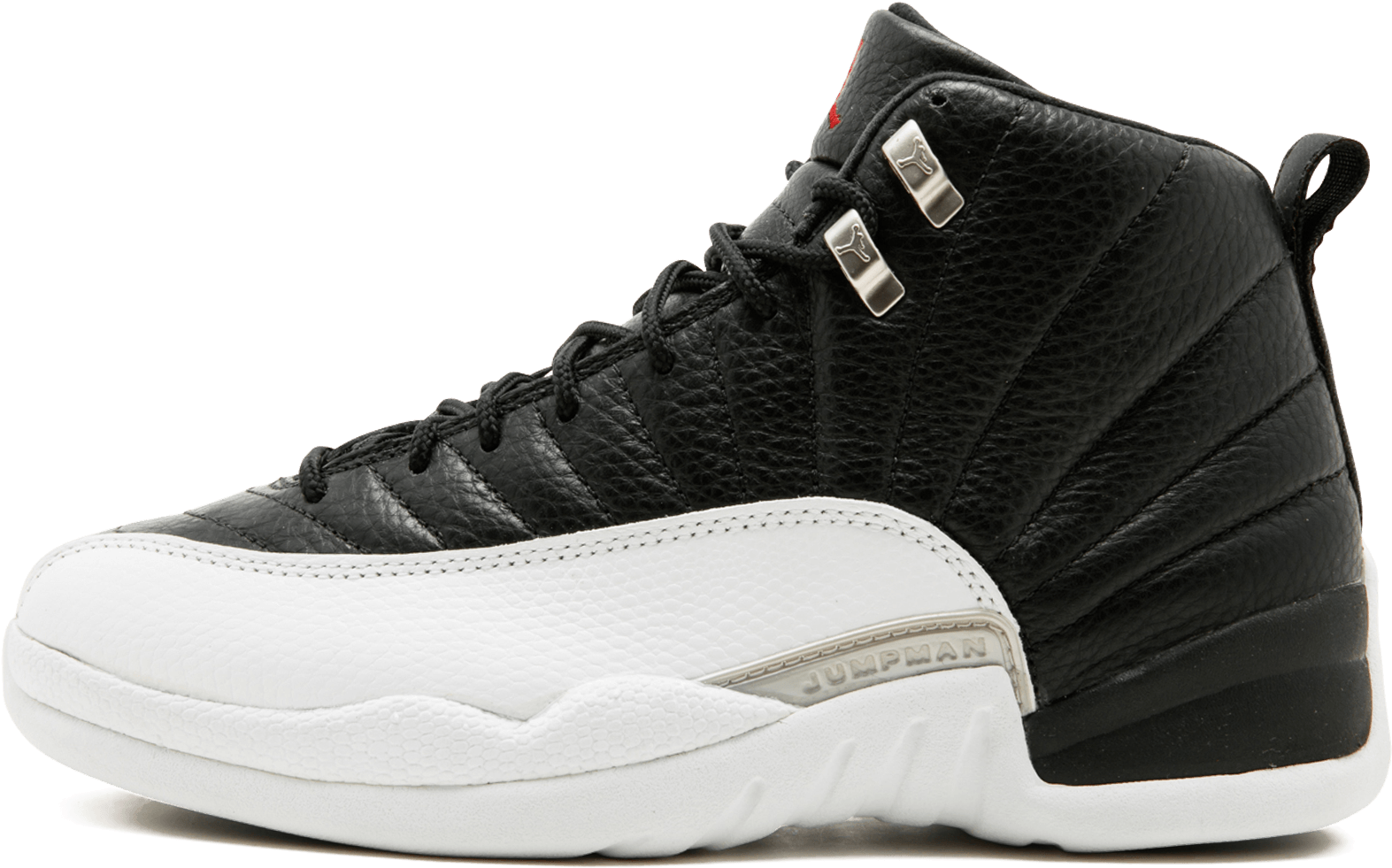 Air Jordan Retro 高筒運動鞋 壁紙 — 一雙時尚的黑白高筒運動鞋，採用質感皮革和銀色 Jumpman 品牌標誌，襯托在純黑背景上。