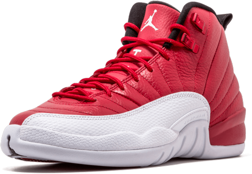 紅白 Air Jordan 運動鞋 壁紙 — 一雙大膽的紅白Jordan 12運動鞋，帶有黑色點綴和紋理皮革細節，襯托在純黑背景上。