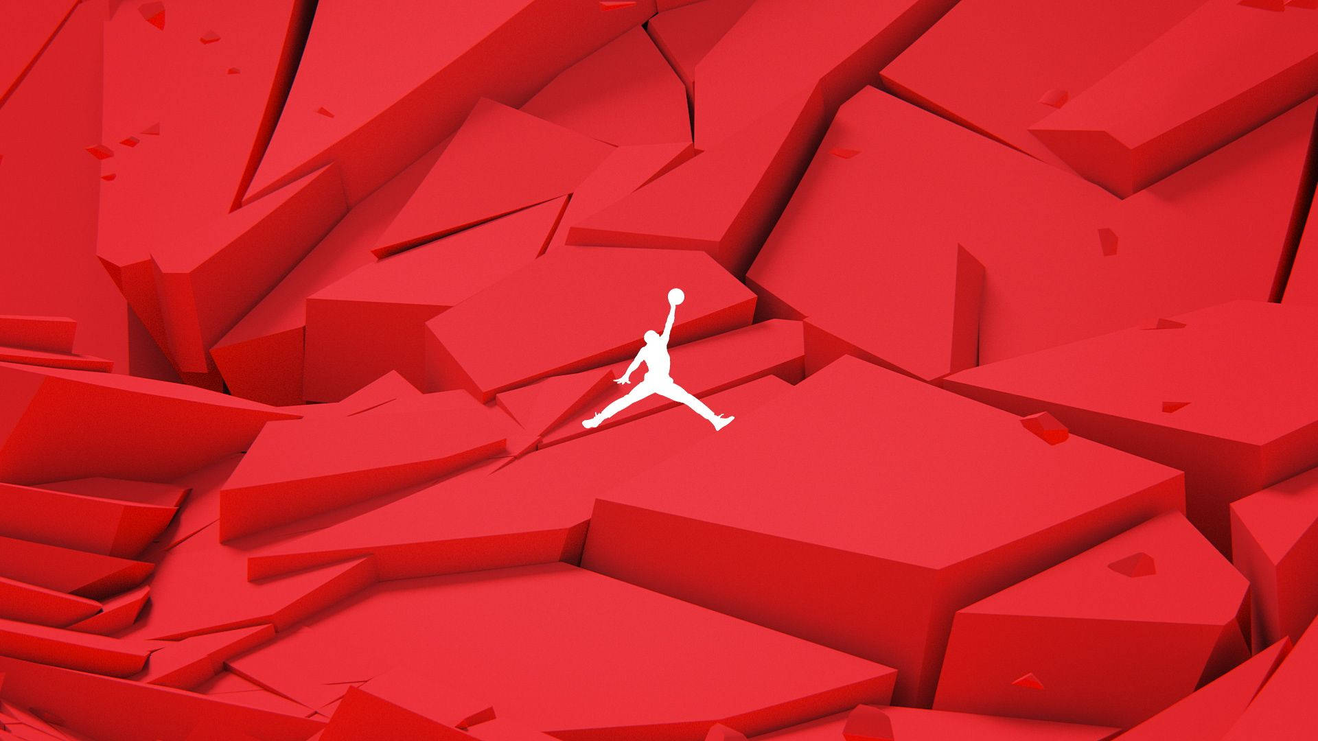 Air Jordan 抽象紅色圖形 壁紙 — 一個跳躍籃球運動員的白色剪影站在鋸齒狀的紅色幾何碎片上。