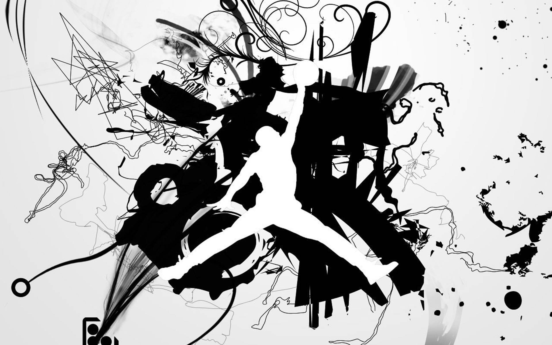 Air Jordan 塗鴉藝術 壁紙 — 一幅動態黑白抽象插圖，描繪一個跳躍的剪影，周圍環繞著混亂的墨水飛濺和旋轉的線條。