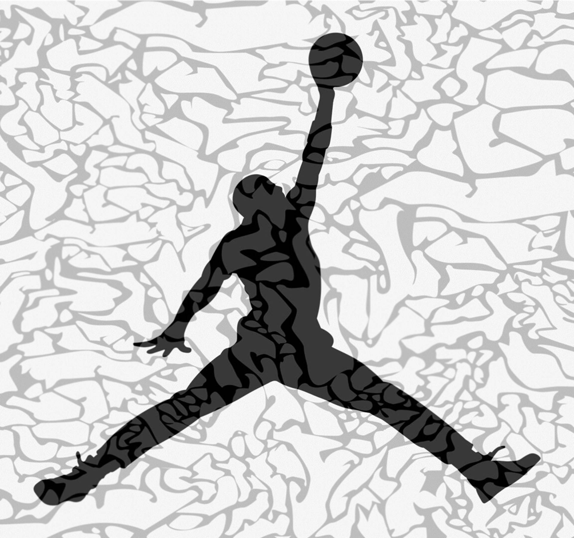 Air Jordan 白色圖案藝術 壁紙 — 一個動態的黑色剪影，描繪籃球運動員在半空中扣籃，背景為紋理灰白抽象圖案。