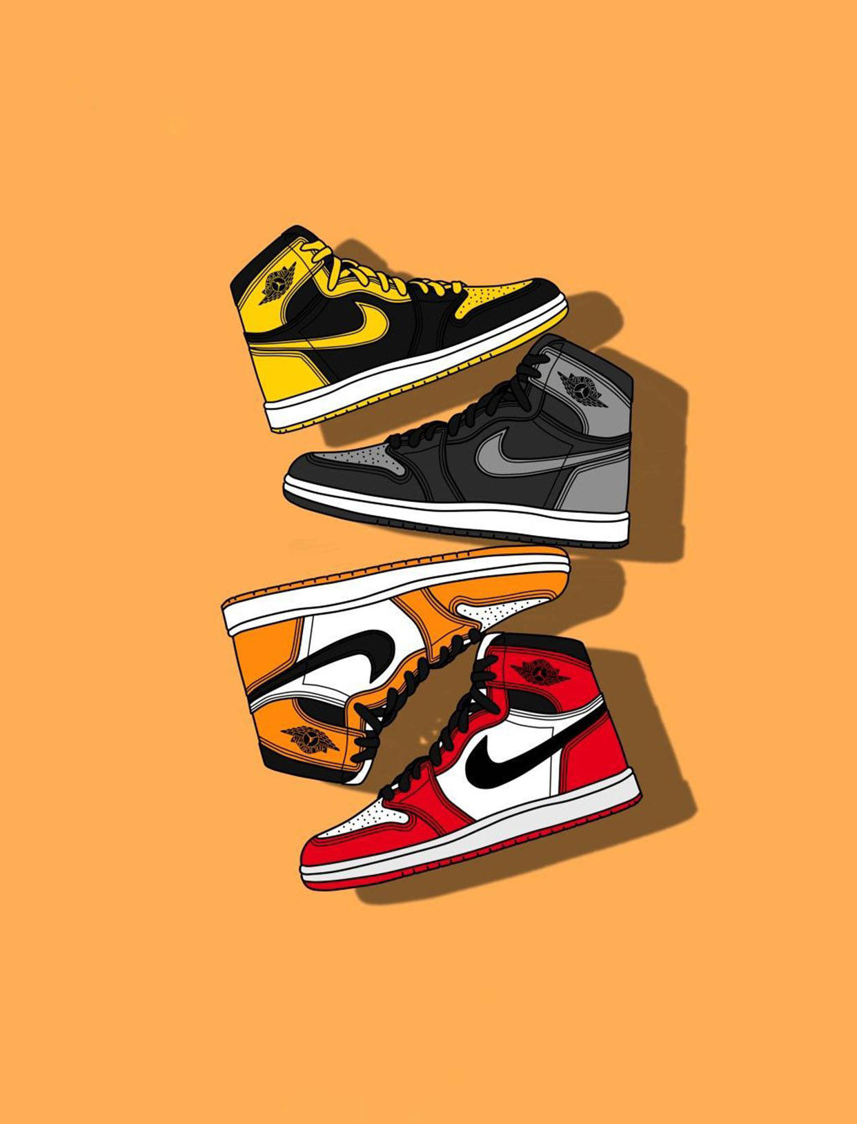 Air Jordan卡通鞋 壁紙 — 四款標誌性 Air Jordan 運動鞋以鮮豔配色漂浮在純橙色背景上，帶有柔和陰影。