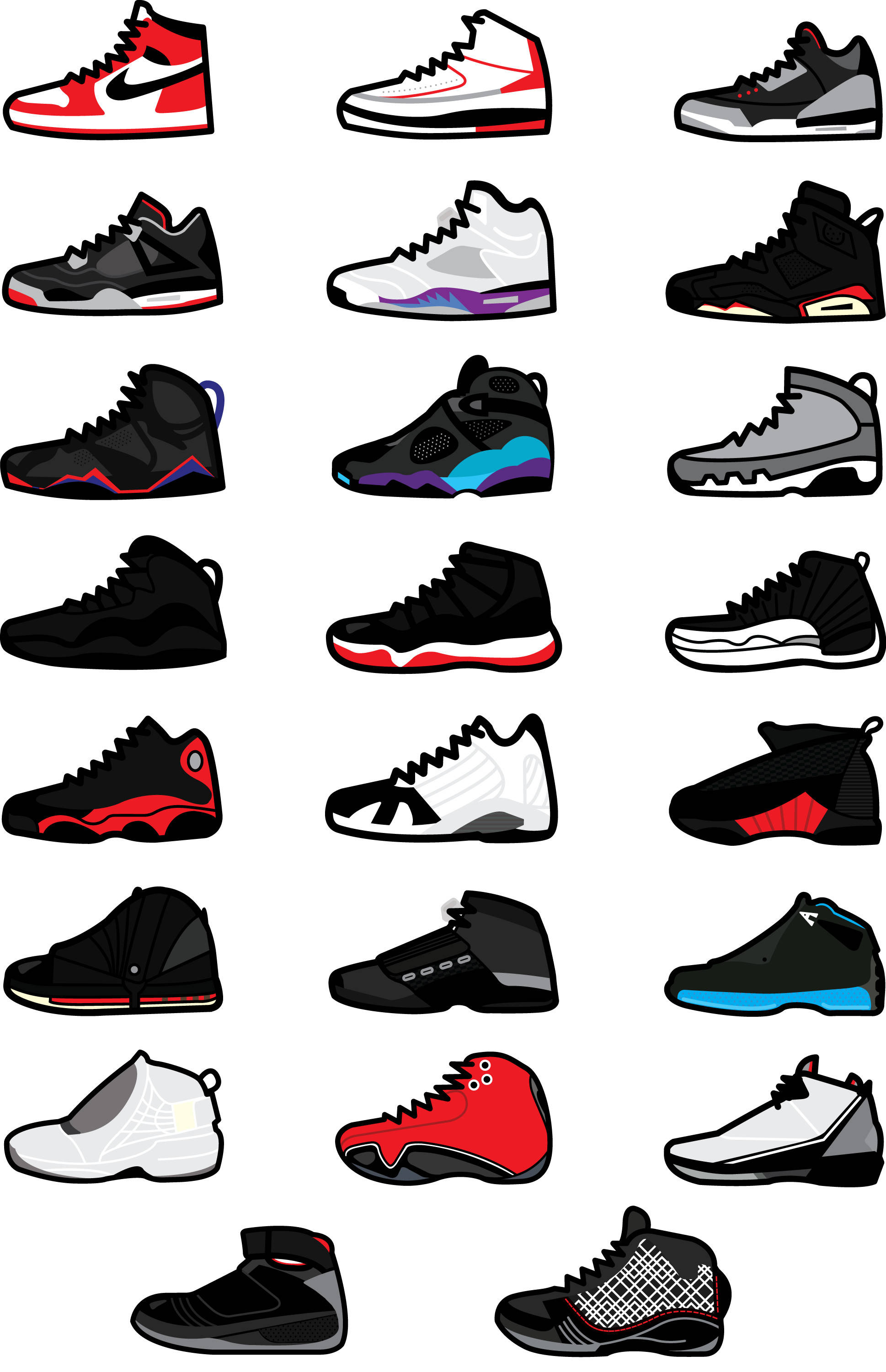 Air Jordan卡通鞋藝術 壁紙 — 十六款色彩繽紛的高筒運動鞋以平面向量風格排列在白色背景上。