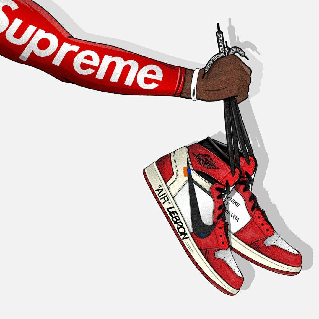 Air Lebron卡通鞋 壁紙 — 一隻手穿著紅色Supreme袖管，拿著一對Off White的紅白黑色Air Jordan波鞋。