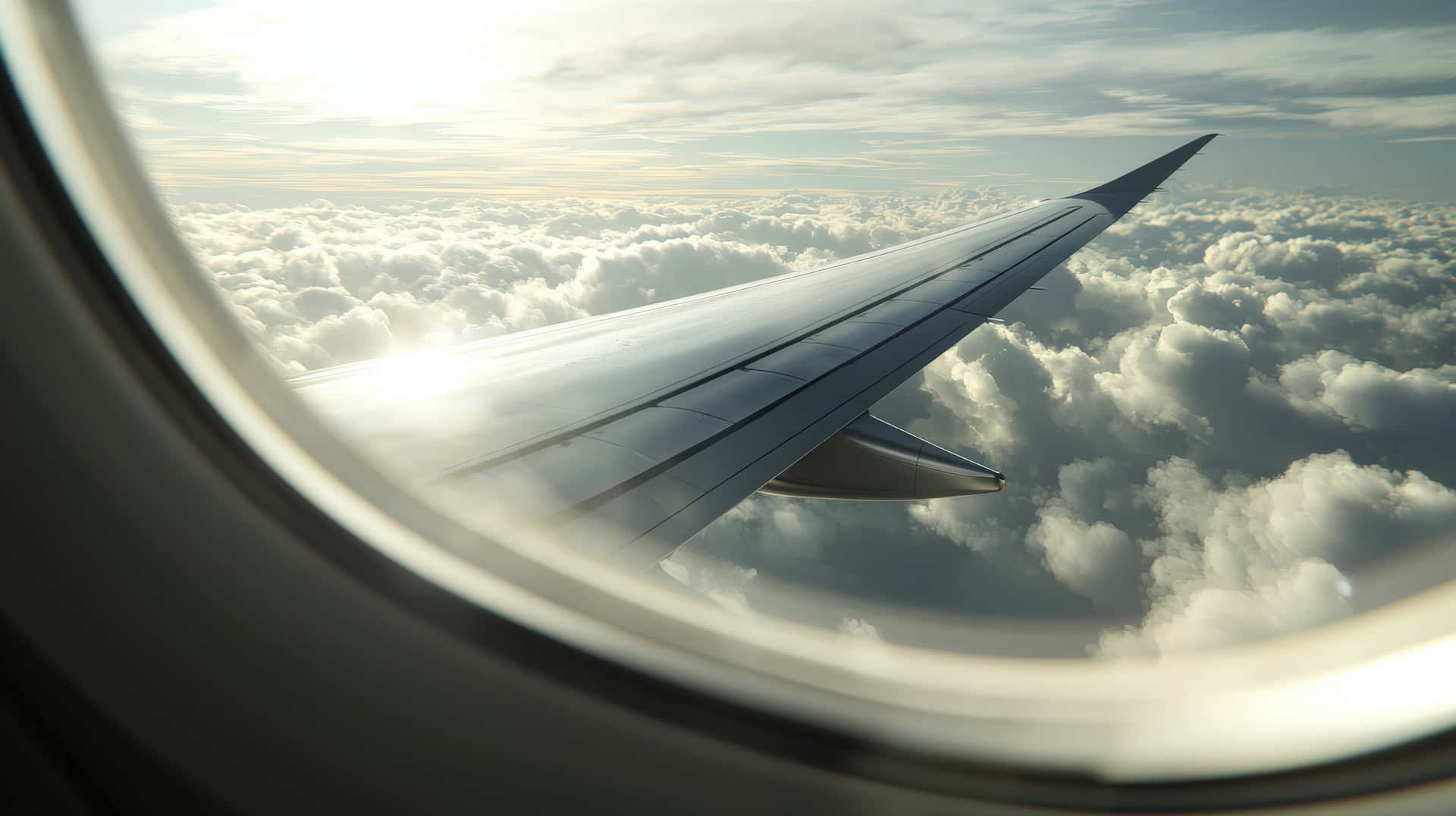 從窗戶看到飛機機翼在蓬鬆白雲之上，金色陽光