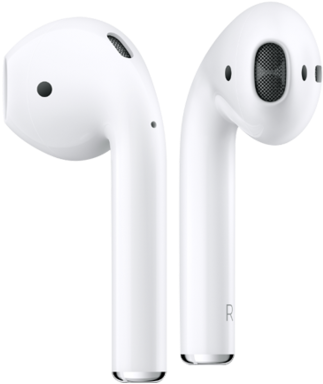 白色無線耳機AirPods 壁紙 — 兩個白色無線耳機並排顯示在乾淨的白色背景上，帶有可見的揚聲器格柵和觸控控制。