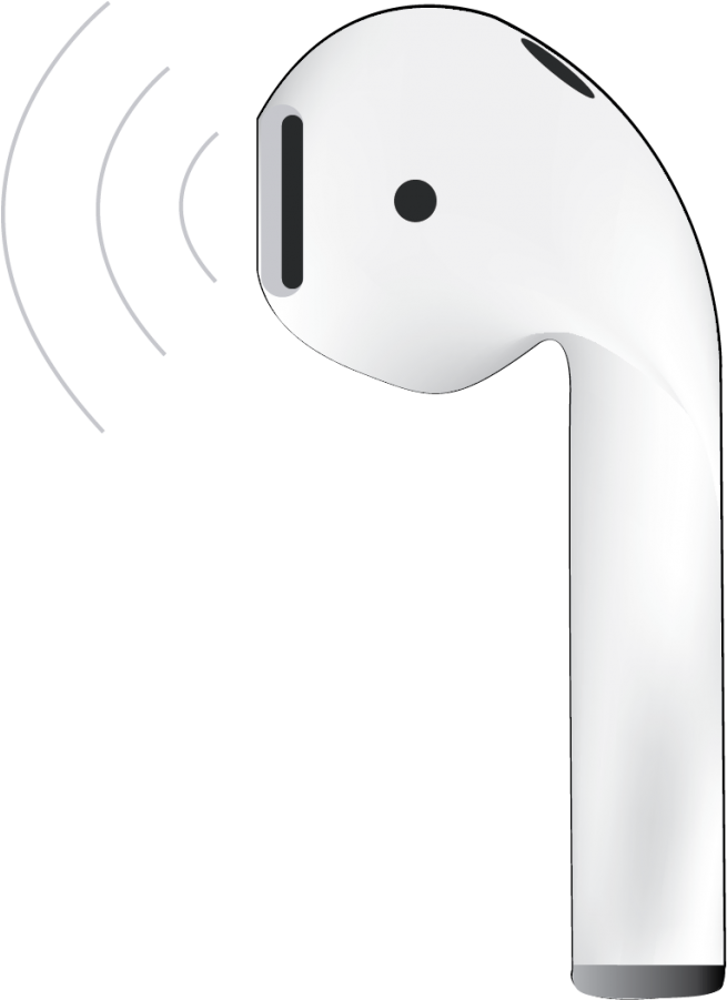 AirPods 聲波插圖 壁紙 — 一個時尚的白色無線耳塞，在黑色背景上繪有聲波。