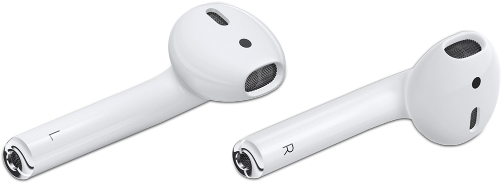 白色無線耳機AirPods 壁紙 — 兩個白色無線耳機在黑色背景上孤立顯示，左右型號帶有揚聲器格柵和觸控控制。
