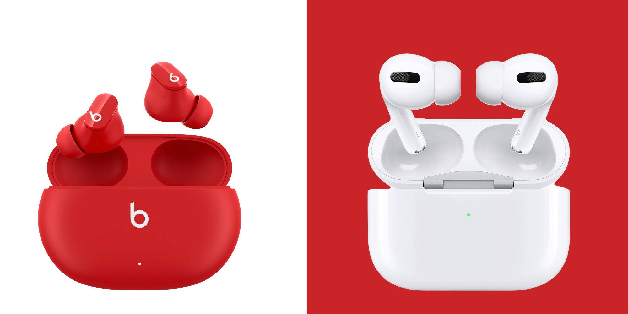 AirPods 對決 Beats Buds 壁紙 — 紅色Beats耳機放在打開的充電盒中，旁邊是白色AirPods Pro放在打開的充電盒中，背景為紅色。