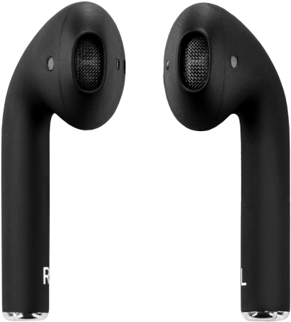 黑色 AirPods 耳機獨立展示 壁紙 — 兩個時尚的黑色無線耳機並排顯示在純黑色背景上，帶有可見的揚聲器格柵和標籤。