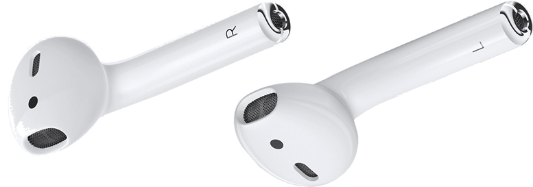 白色無線耳機浮空 AirPods 壁紙 — 兩個白色無線耳機在黑色背景上孤立顯示，展示左右耳機的細節。