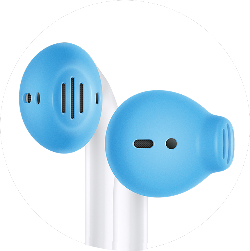 藍色 AirPods 特寫 壁紙 — 兩個藍色矽膠耳塞套，帶白色耳柄，展示在白色圓形背景上。