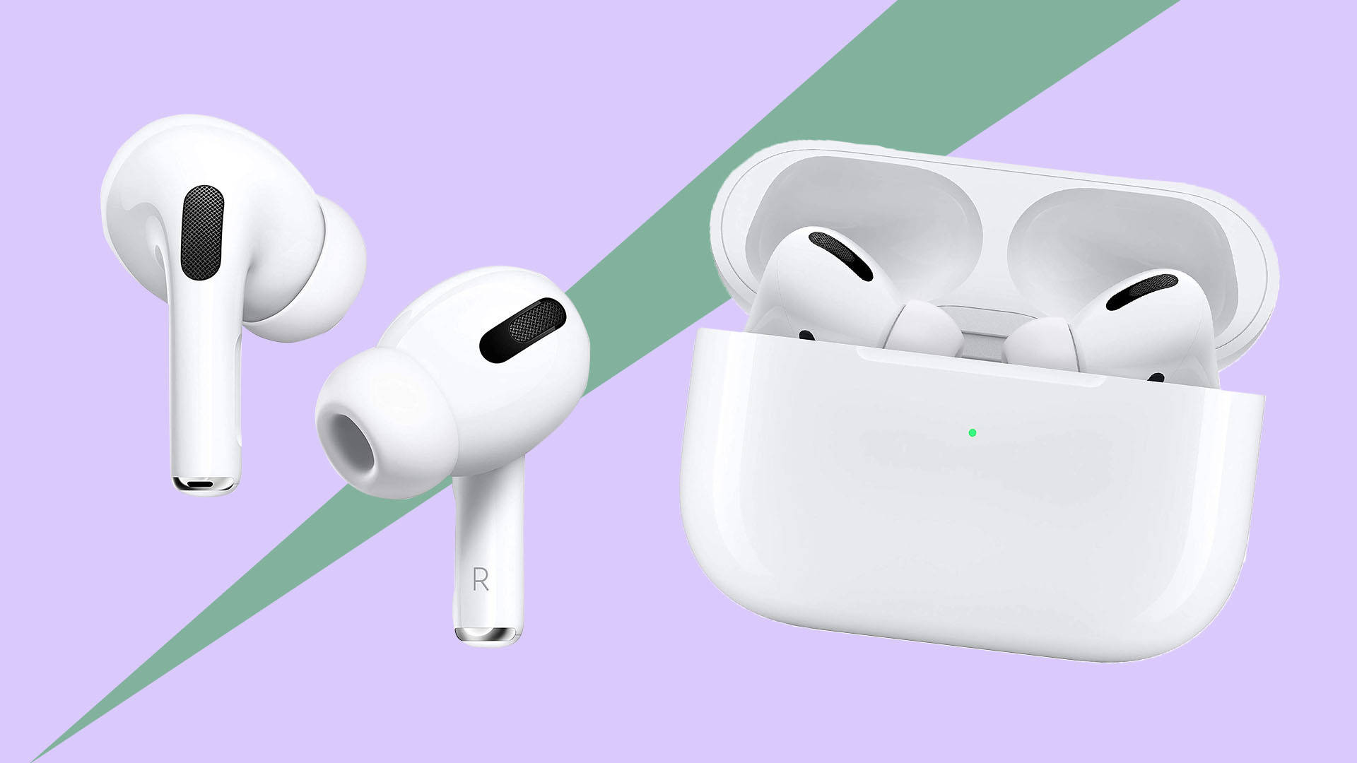 AirPods 紫色美學 壁紙 — 白色無線耳機和充電盒漂浮在粉紫色和藍綠色的幾何背景上。