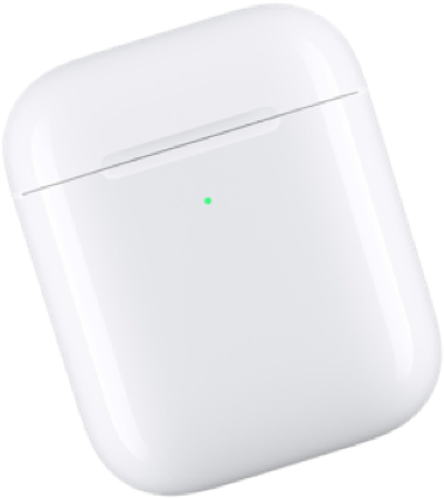AirPods 充電盒頂視圖 壁紙 — 一個時尚的白色無線耳機充電盒，帶有發光的綠色指示燈，背景透明。