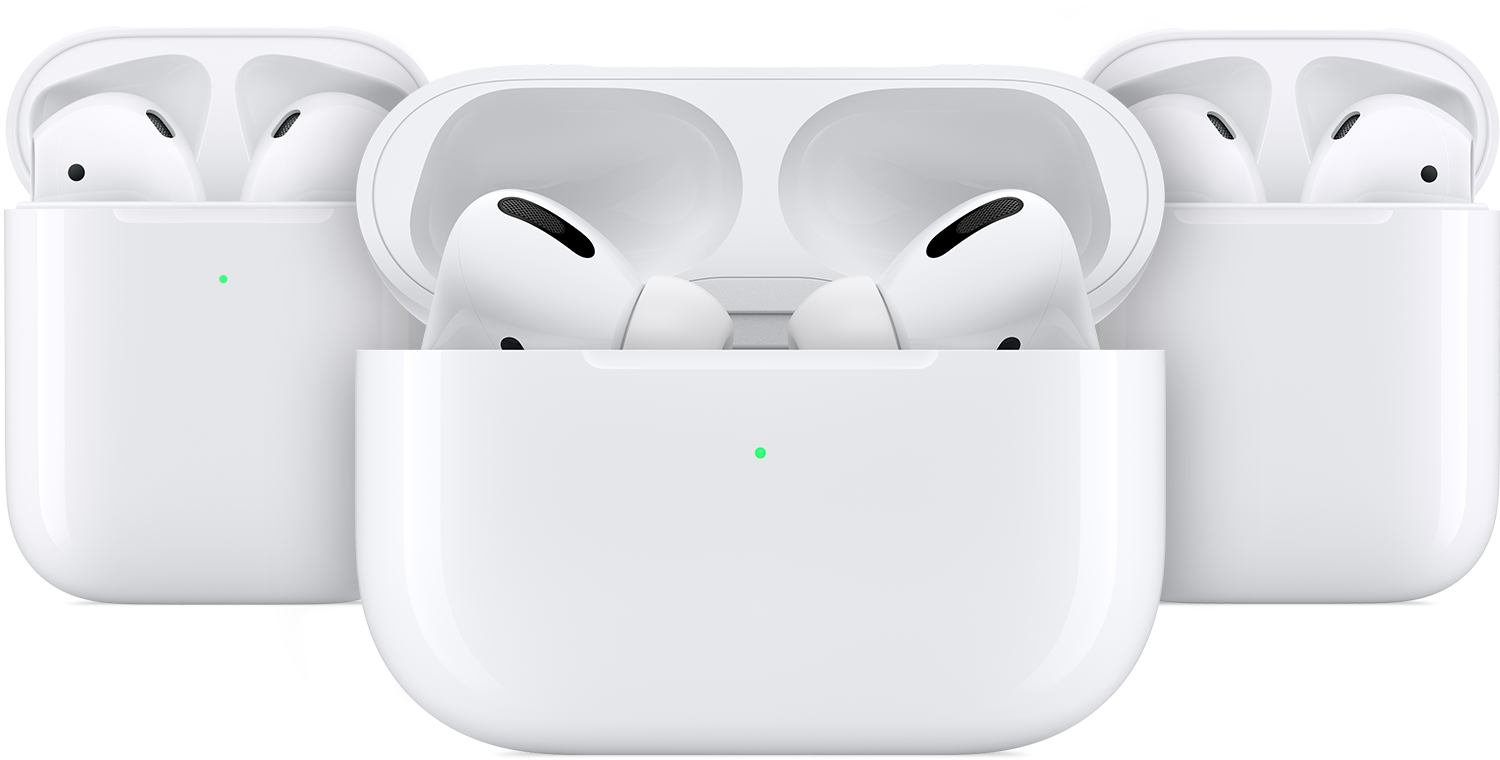 AirPods 各世代對比圖 壁紙 — 三個白色無線耳機盒，帶有發光綠色指示燈，打開後露出裡面的耳機。