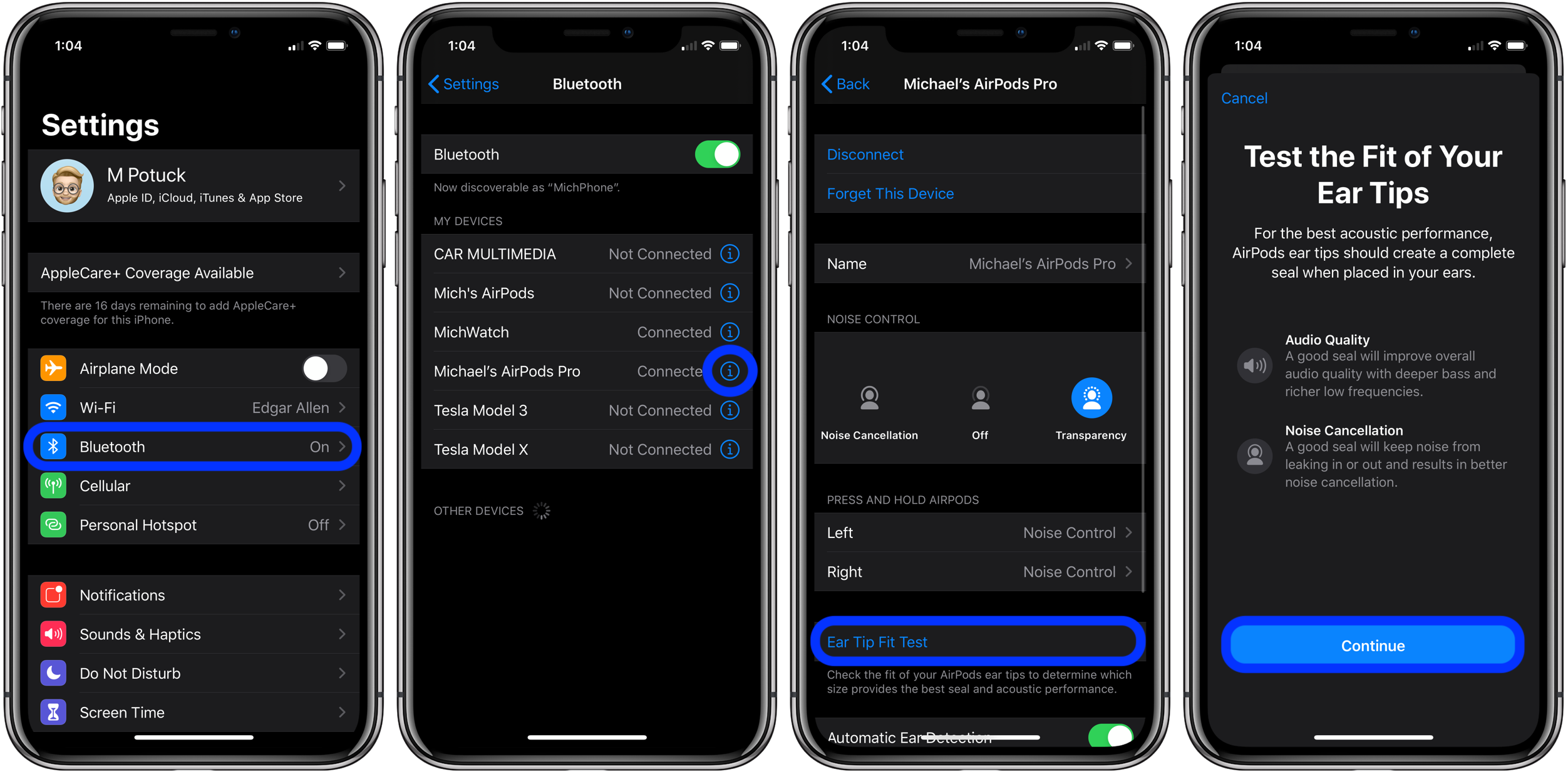 AirPods Pro 藍牙設定與耳塞貼合測試 壁紙 — 四個 iPhone 螢幕顯示藍牙設定和 AirPods Pro 設定步驟，包括裝置配對、噪音控制和耳塞貼合度測試。