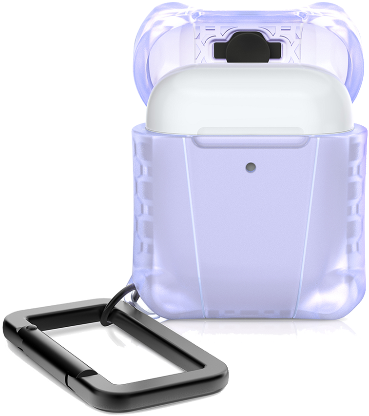 AirPods Pro 充電盒配扣環 壁紙 — 一個半透明薰衣草色AirPods保護殼，附有黑色登山扣鑰匙鏈，置於純白背景上。