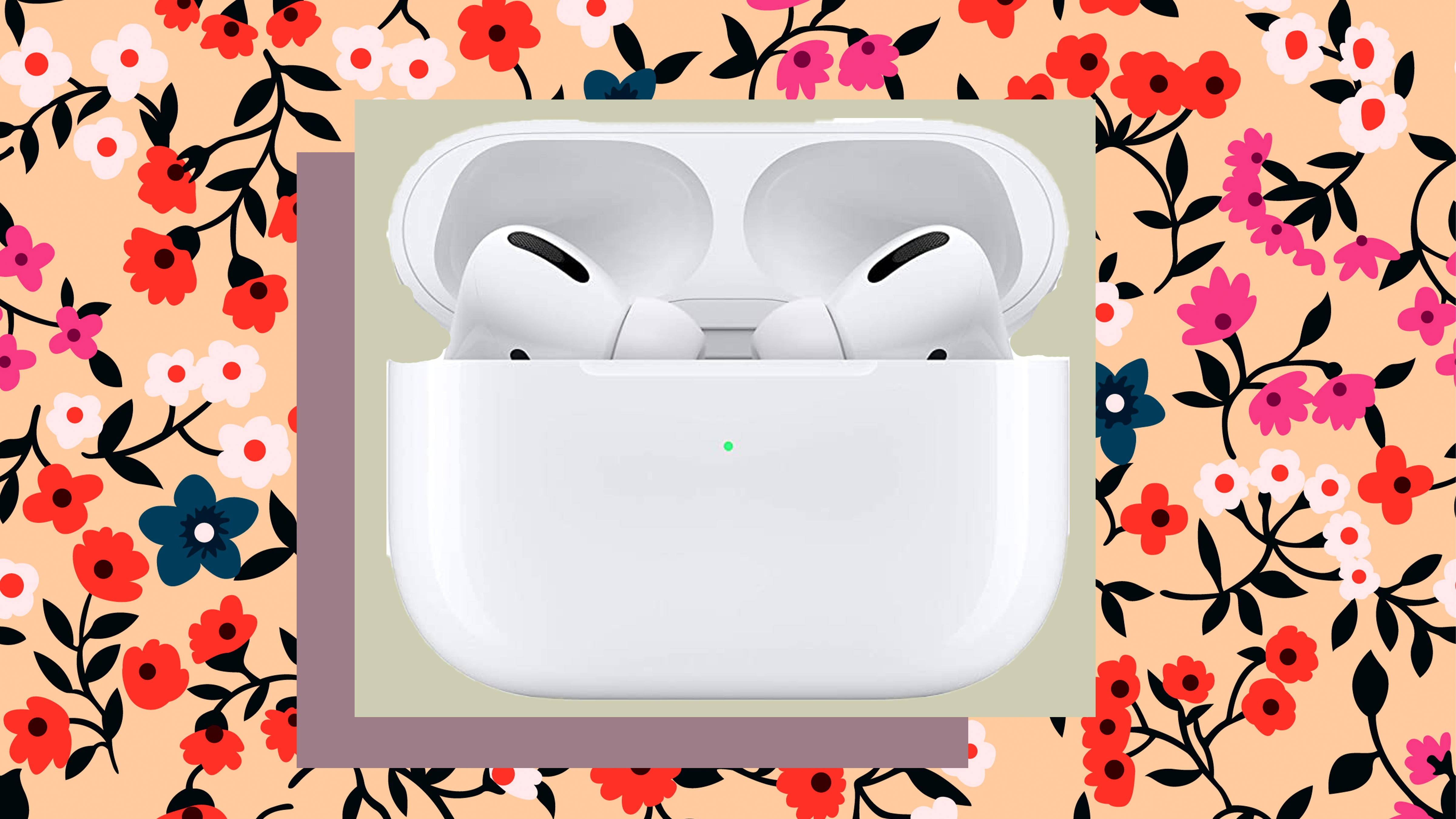 花卉背景的AirPods Pro 壁紙 — 白色無線耳機置於開啟的充電盒中，居中於鮮豔花卉圖案背景上。