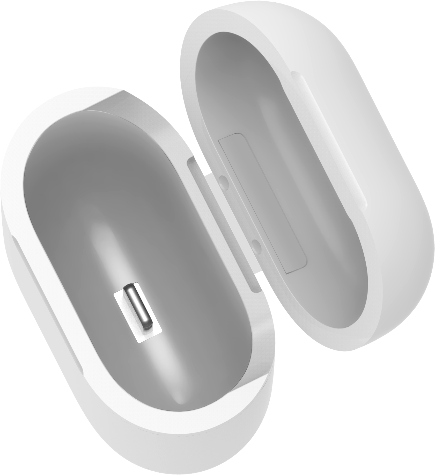 AirPods充電盒打開視圖 壁紙 — 一個時尚的白色無線耳機充電盒在黑色背景上打開，露出裏面的一個耳機。