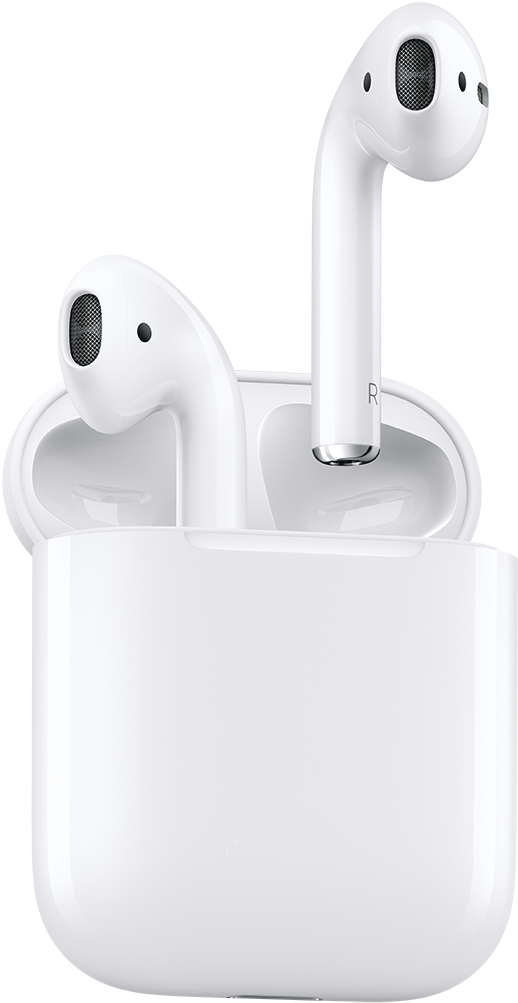 白色AirPods及充電盒 壁紙 — 兩個白色無線耳機直立於打開的充電盒中，背景為純黑色。
