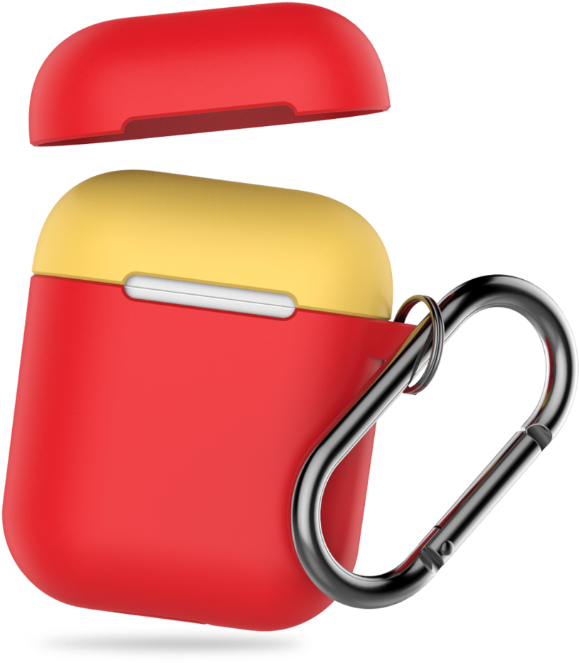 紅黃配色 AirPods 充電盒配扣環 壁紙 — 一個紅色和黃色的AirPods保護殼，側面夾著一個銀色登山扣，背景為黑色。