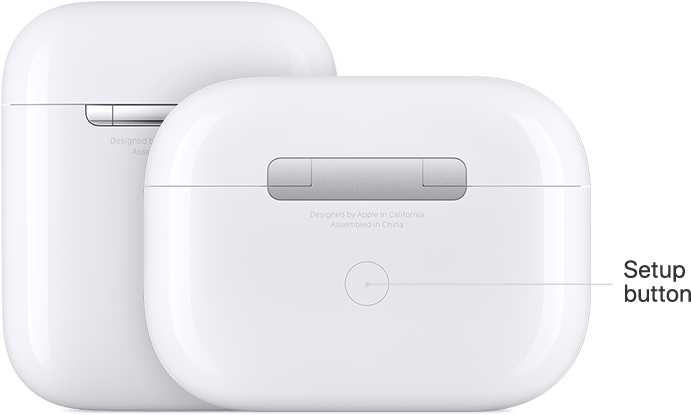 AirPods 充電盒設計 壁紙 — 兩個白色Apple AirPods充電盒在黑色背景上顯示，帶有標籤的設置按鈕。